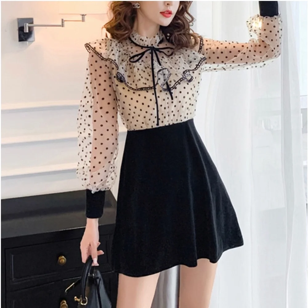 One Piece Lady Polka Dot Bow Ruffled Long Sleeve Mesh Dress - Picture 2 of 5